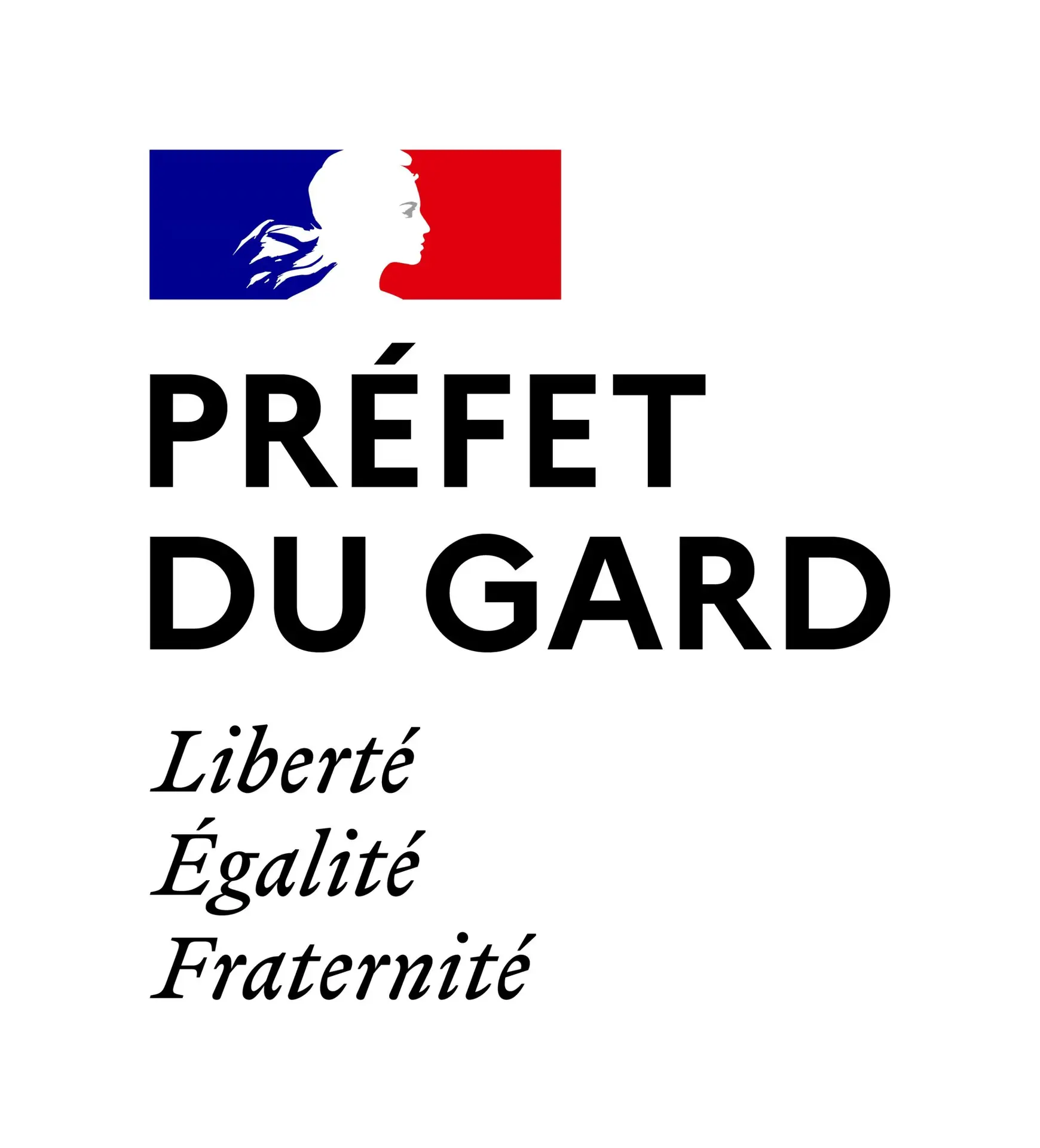 Logo du Préfet du Gard, comprenant un drapeau français et le texte "Liberté, Égalité, Fraternité" en noir sur fond blanc.