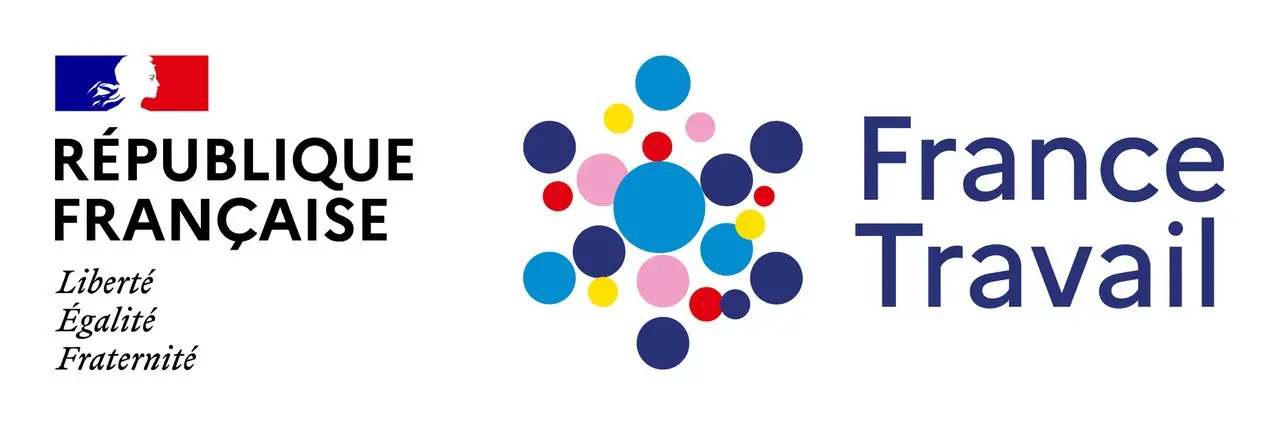 Logos de la République Française avec le slogan "Liberté, Égalité, Fraternité" et de France Travail, montrant des cercles colorés autour d'un grand cercle bleu central.