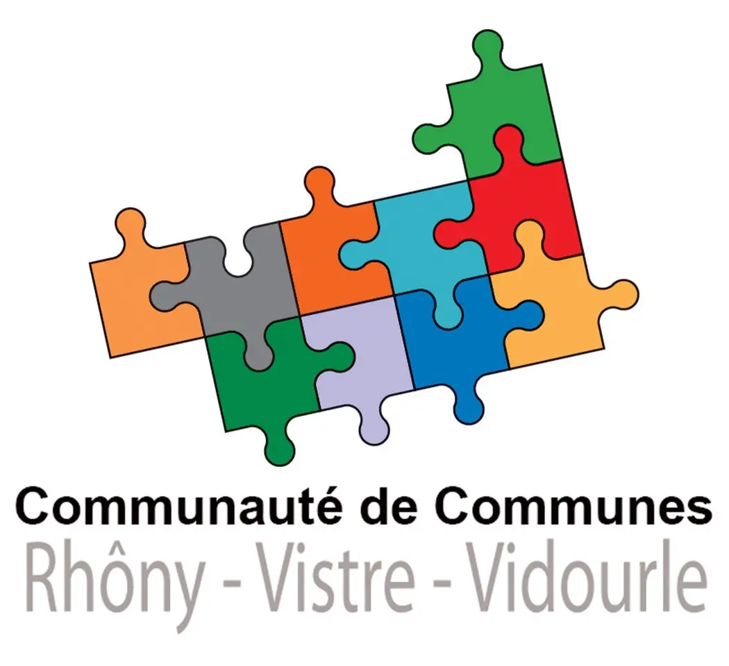 Logo de la Communauté de Communes Rhôny-Vistre-Vidourle, montrant des pièces de puzzle colorées imbriquées avec le texte "Communauté de Communes Rhôny-Vistre-Vidourle" en dessous.