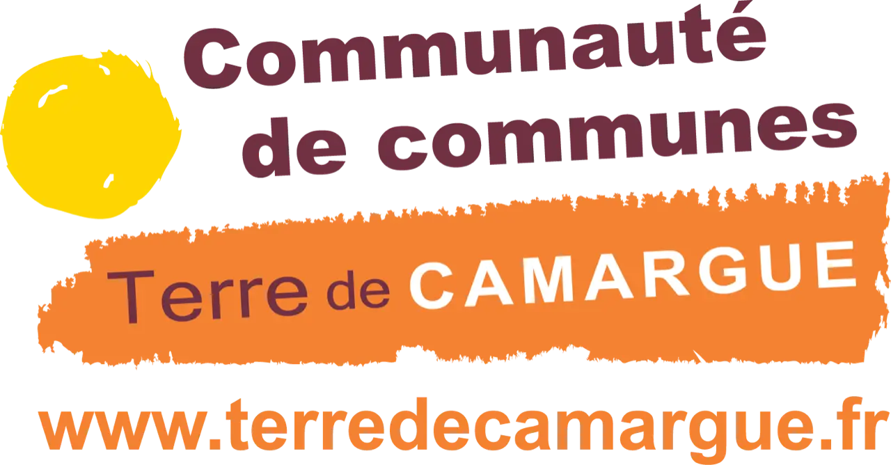 Logo de la Communauté de Communes Terre de Camargue, avec un cercle jaune et les mots "Terre de CAMARGUE" sur une bande orange, et l'URL "www.terredecamargue.fr".